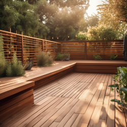 Custom Outdoor Wooden Deck with Vertical Slat Railings and Shelf-Like Top