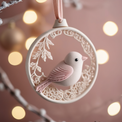 Polymer Clay Bird Ornament with Lace Texture and Muted Colors