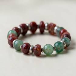Stylish Elastic Bracelet with Red Jasper and Green Indian Agate Beads