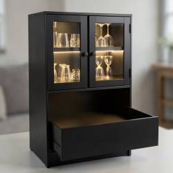 Black MDF Bar Cabinet with LED Shelves and Pull-Out Middle Shelf
