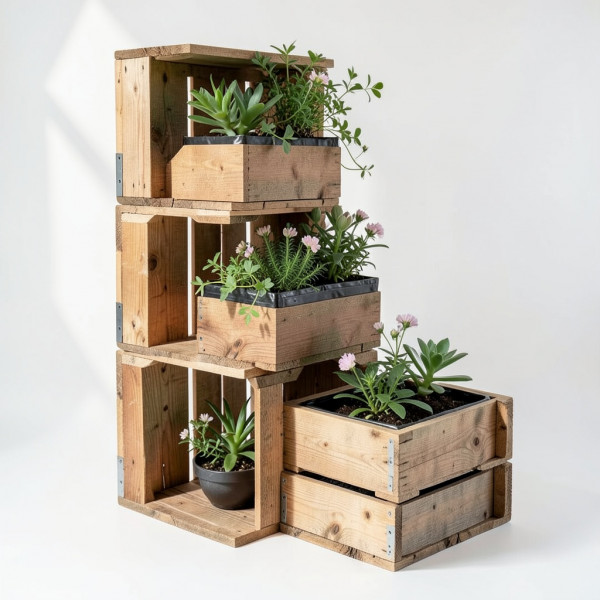 Suporte Vertical Modular para Plantas com Caixotes de Madeira