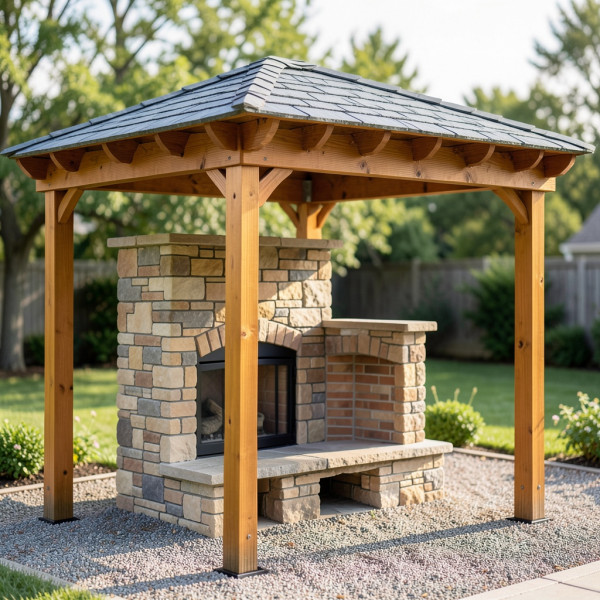 Backyard Pergola with Stone Fireplace and Slate Roof