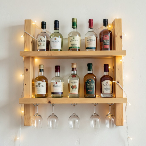 Rustic Wall Liquor Rack with Shelves and Lights