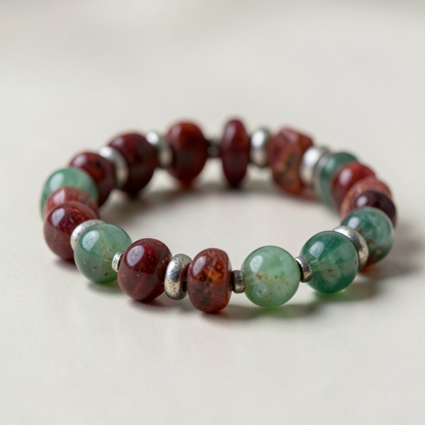 Stylish Elastic Bracelet with Red Jasper and Green Indian Agate Beads