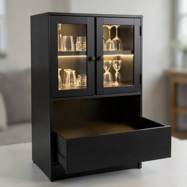 Black MDF Bar Cabinet with LED Shelves and Pull-Out Middle Shelf