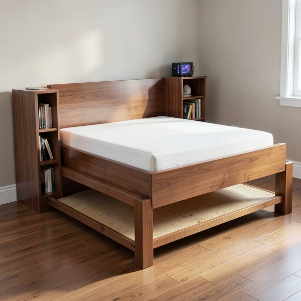Raised King-Size Bed with Bookcase Platform and Under-Bed Workspace