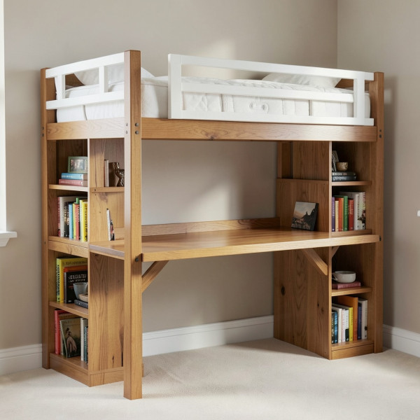 King-Size Loft Bed with Bookcase Platforms and Underneath Desk Gaming Area