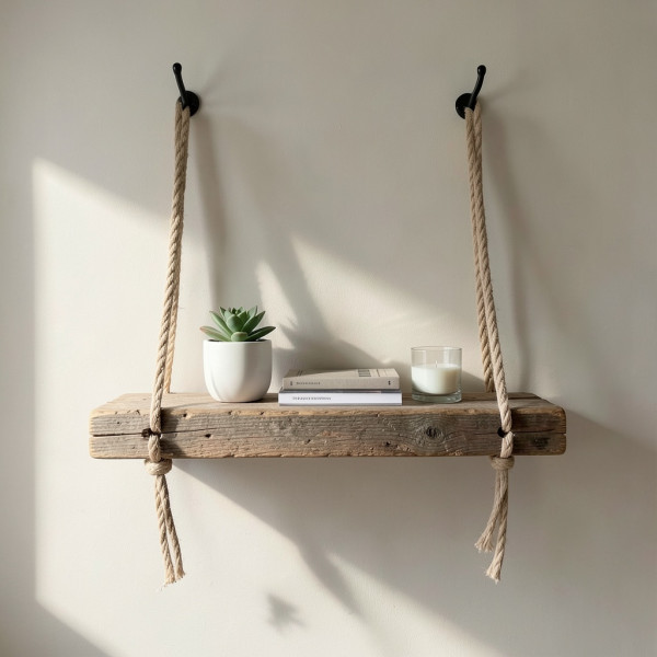 Floating Bookshelf from Reclaimed Wood and Rope