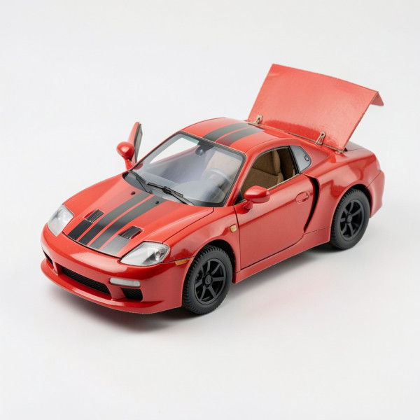 Modelo de automóvil deportivo con puertas, ruedas giratorias y maletero funcional