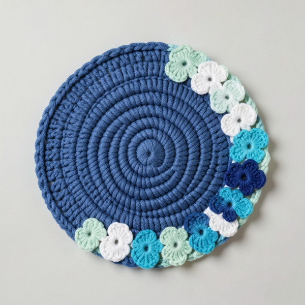 Embellished Blue Circular Crochet Piece with Hand-Crocheted Floral Accents